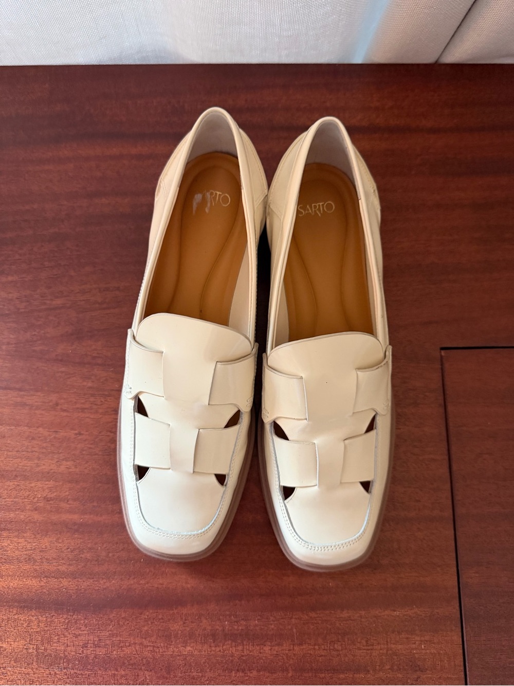 SARTO By Franco Sarto Cream Leather Woven Strap Loafers